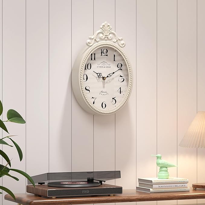 Abdurey Small French Retro Decorative Wall Clock, Ivory White Vintage Oval Style,Silent Battery Operated Boho Decor Wall Clocks for Farmhouse,Kitchen,Bedroom,Bathroom(10.4" H x 6.7" W)