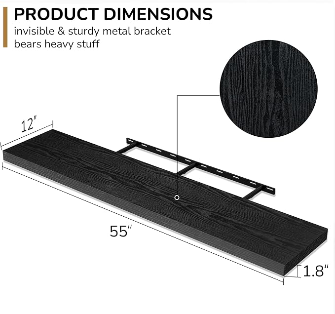 Fun Memories Floating Shelves - 12 Inch Rustic Wooden Wall Shelves - Extra Deeper & Thicker Wall Mounted Storage Shelf for Living Room, Kitchen, Farmhouse - 55" W x 12" D x 1.8" H - Rustic Black