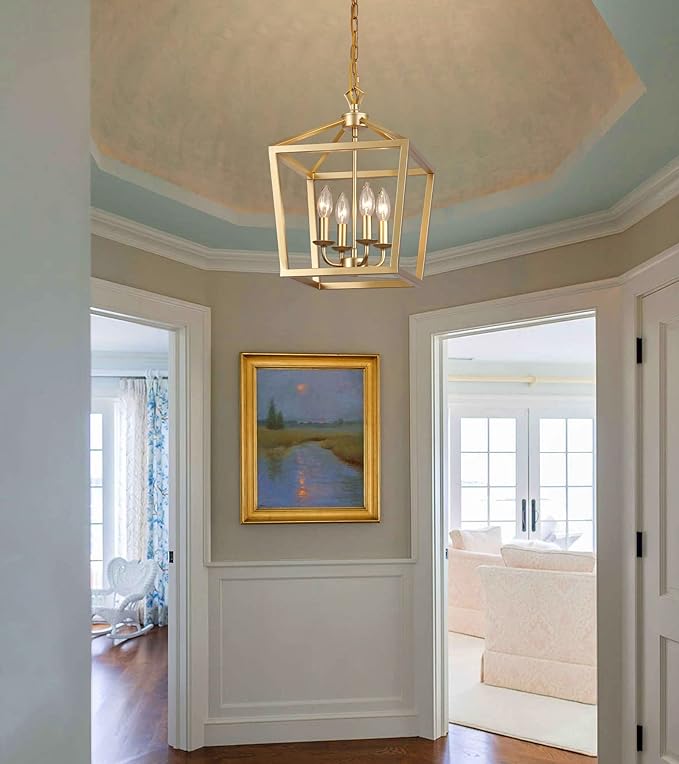 AMZASA Gold Lantern Chandelier Hanging Pendant Light Fixture 4-Lights for Kitchen Island Dining Room Hallway Entryway Foyer UL Listed