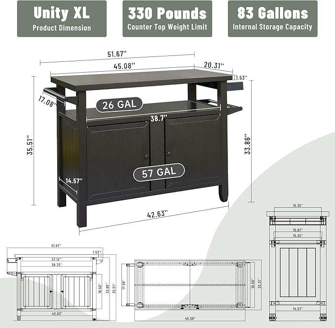 Domi Grill Carts Outdoor Storage Cabinet with Wheels, Metal Outdoor Grill Kitchen Table Dining Cooking Prep BBQ Table for Patio, Kitchen Island, Home Party, Bar (Brown)