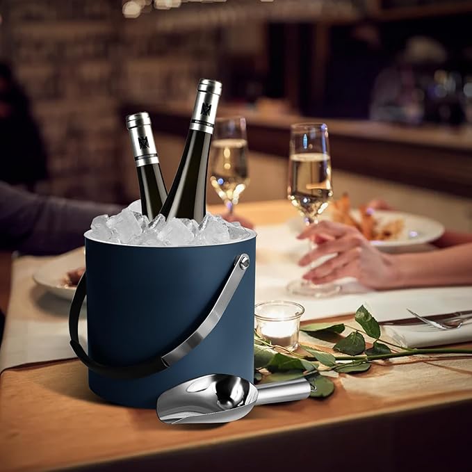 3L Ice Bucket with Silicone Lid, Scoop, Tongs & Strainer, Stainless Steel Double Wall Insulated Ice Buckets for Parties & Cocktail Bar, Outdoor Champagne Ice Container Bin, Navy
