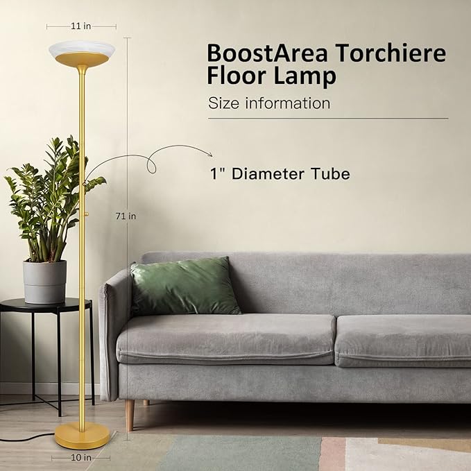 BoostArea Torchiere Floor Lamp, 24W Super Bright LED Standing Lamp, 3000K Stepless Dimmable Pole Lamp with Rotary Switch, 70 Inch Tall Metal Modern Floor Lamps for Living Room/Bedroom/Office/Den, Gold