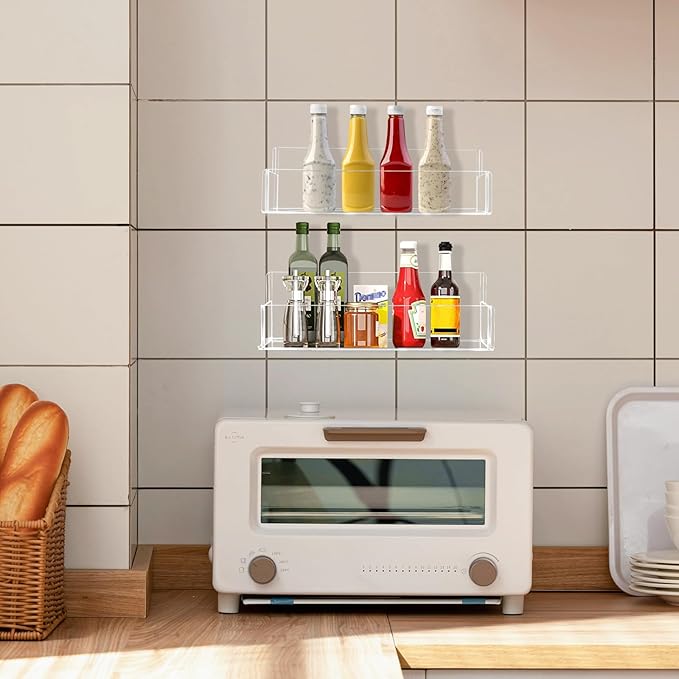 Acrylic Spice Rack Wall Mount-9 Inch, Clear Spice Shelf Storage Holder, 4 Pack Hanging Seasoning Rack Organizer for Cabinet Door, Cupboard or Wall Kitchen (Adhesive or Screw)