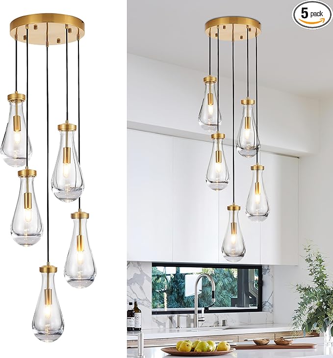 5-Light Raindrop Pendant Light Fixtures, Brass Glass Pendant Lighting, Teardrops Modern Hanging Light for Entryway Foyer Kitchen Island Dining Living Room Hallway