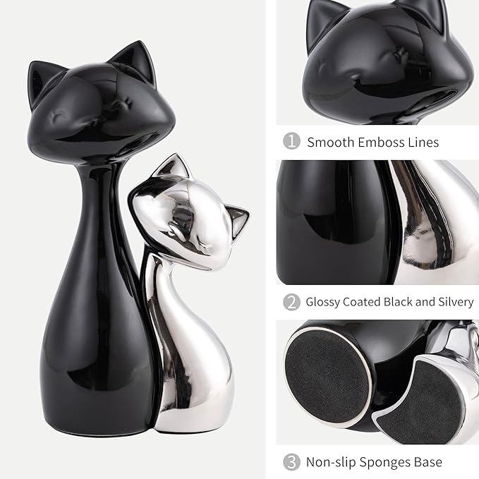 Ceramic Cat Statue Set, Black & Silver Cute Home Decor Figurines, Lucky Cats Desk Accessories for Cat Lovers, Memorial Cats Themed, Modern Collectible Decor for Bookshelf, Living Room