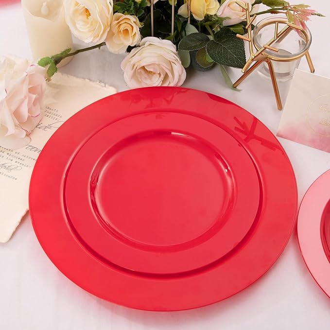 FLOWERCAT 60PCS Red Plastic Plates - Heavy Duty Red Plates Disposable for Party - Include 30PCS 10.25inch and 30PCS 7.5inch for 30 guests Party & Christmas & New Year