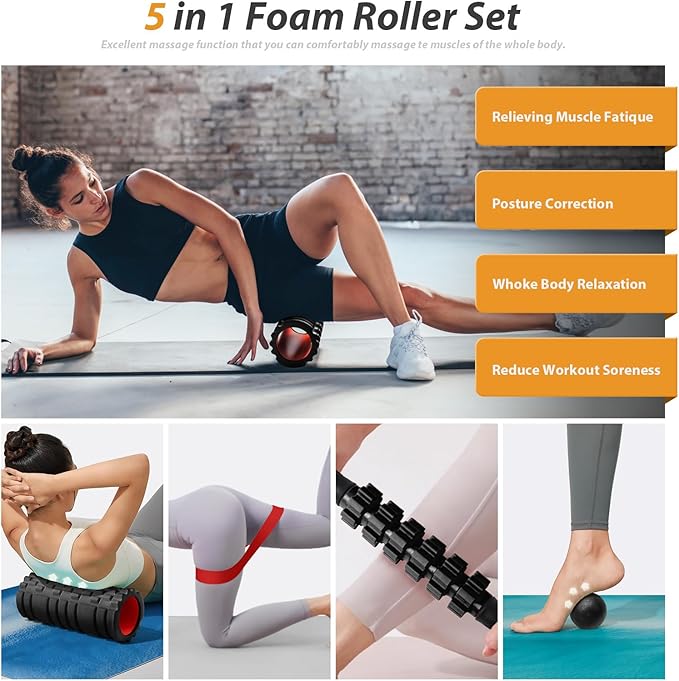 5 in1 Foam Roller Set, Trigger Point Foam Roller, Massage Roller Stick, Massage Ball, Resistance Band for Deep Muscle Massage Pilates Yoga,Fitness Exercise for Whole Body (Black-Red)