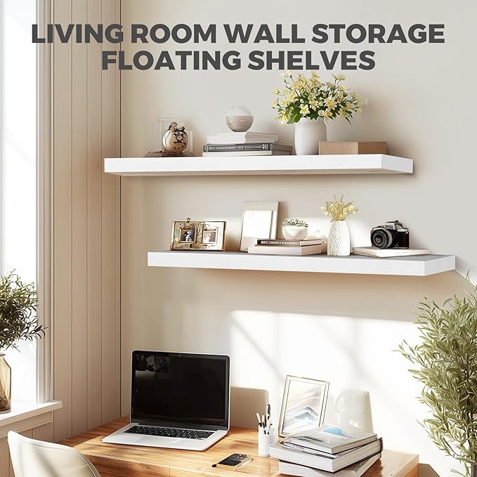 36"x6.8"x1.2" Solid Wood Floating Shelves 2-Pack - Rustic White Finish with Hidden Brackets, Perfect for Storage and Décor in Living Room, Kitchen, Bedroom