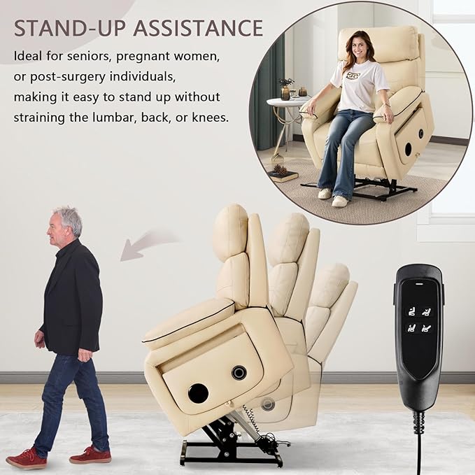 Dual Motor Power Lift Recliner Chair for Adult & Elderly, Infinite Position Lay Flat Lift Chair with Heat & Massage, Cup Holder, Lumbar Pillow, Wireless Charger, USB Ports, Leather (Beige)