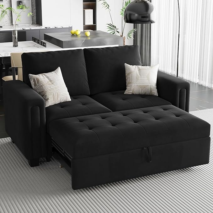 Belffin Modular Sectional Sleeper Sofa with Pull Out Couch Bed Modular Sleeper Loveseat Sectional Sofa Velvet Fabric for Living Room Apartment Black