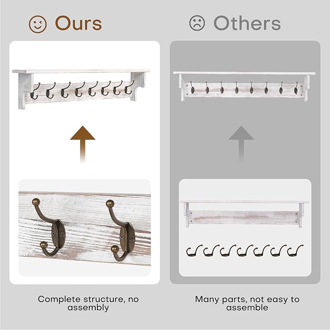 BECHAEO 35.8'' Wood Coat Rack Wall Mount with Shelf, White Wall Coat Rack with Hooks, Farmhouse Rustic Coat Hooks for Entryway Bathroom Hallway Kitchen Bedroom