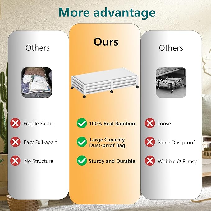 Bamboo Under Bed Storage Containers- Underbed Organizer with Wheels with Large Dust Bag,Sturdy Wood Rolling Under the Bed Shoe Storage Organizer Drawer 2 Packs (White, Long)