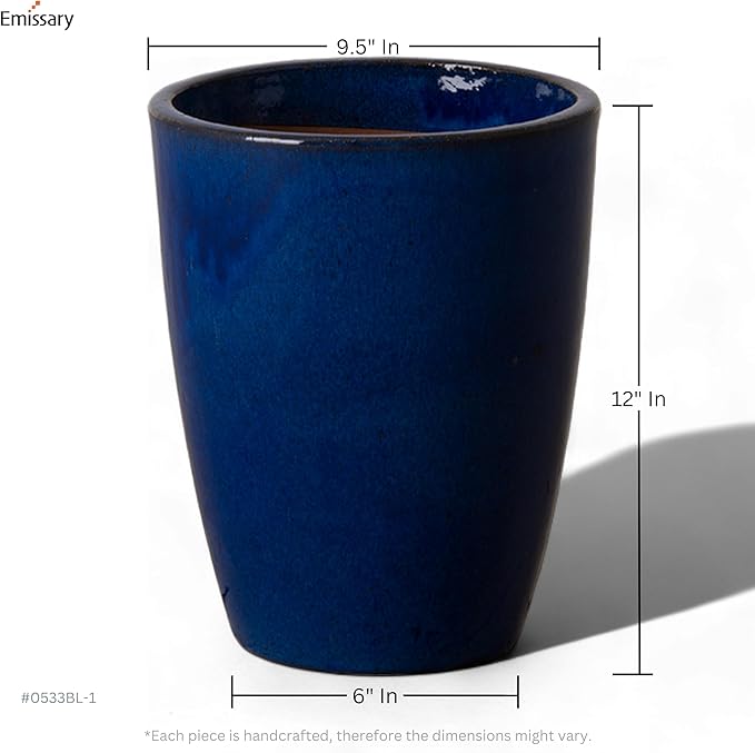 Emissary Bullet 9.5 in. Blue Ceramic Round Planter (9.5 in. L x 9.5 in. W x 12 in. H) with Drainage Hole