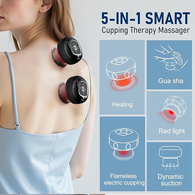 5-in-1 Smart Dynamic Cupping Set, 20 Levels Cupping Kit for Massage Therapy with Red Ligh-t Therapy&Heat Penetrates for Targeted Pain Relief, Knots, Aches, Muscle Soreness - 2Pcs(Black&Black)