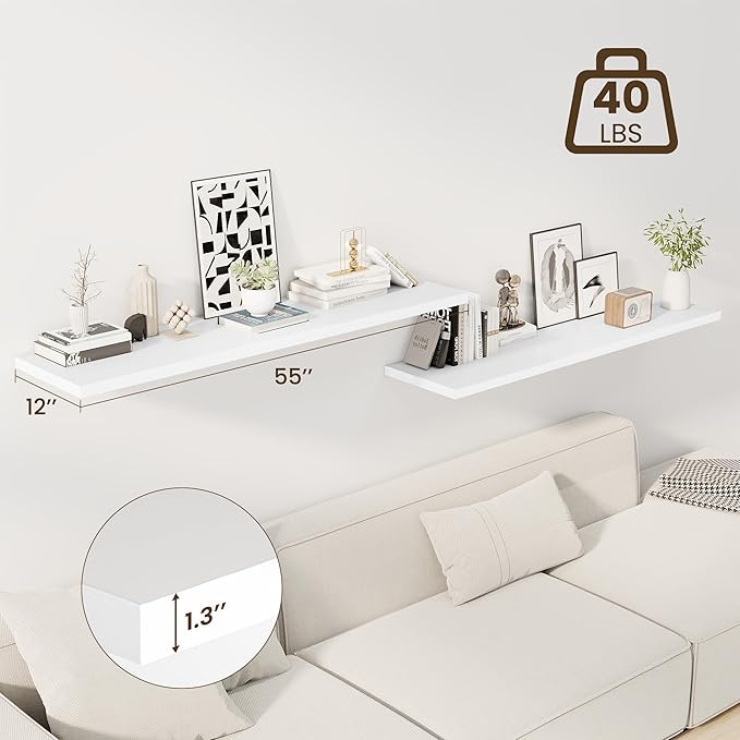 55" Floating Shelves for Wall, 12" Deep Slim White Floating Shelves, Wall-Mounted Shelves for Bedroom, Living Room, Kitchen, Bathroom - Set of 2