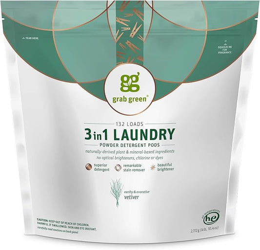 Grab Green 3-in-1 Laundry Detergent Pods, 132 Count, Vetiver Scent, Plant and Mineral Based, Superior Cleaning Power, Stain Remover, Brightens Clothes