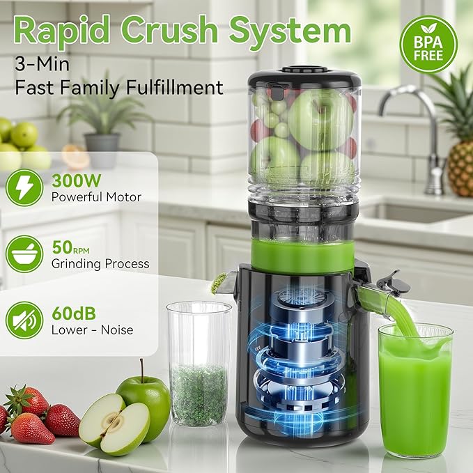 Cold Press Juicer - 5.3" Large Feed Chute Juicer Machines for Whole Vegetables & Fruits, 99% High Juice Yield, Quiet & Easy to Clean Slow Masticating Juicer, BPA-Free, Preserves More Nutrients (Black)