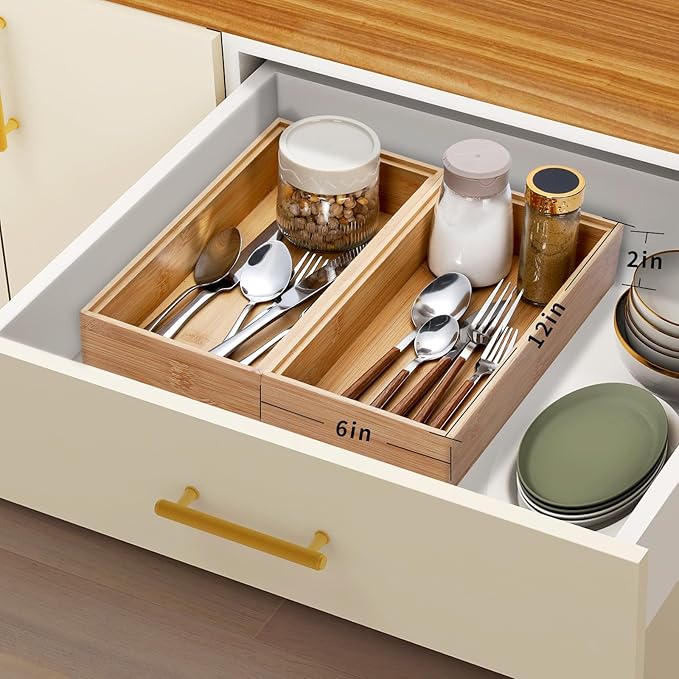 Bamboo Drawer Organizer, 2PCS Stackable Storage Boxes for Utensil Organizer, Wood Tray for kitchen, Bathroom and Bedroom 12" x 6" x 2"