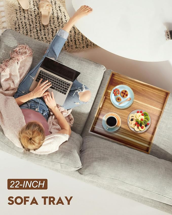 22 Inches Square Acacia Wood Ottoman Tray, Extra Large Wooden Serving Tray with Handles for Living Room, Serving Food Breakfast, Ottoman Coffee Table Couch Sofa Kitchen