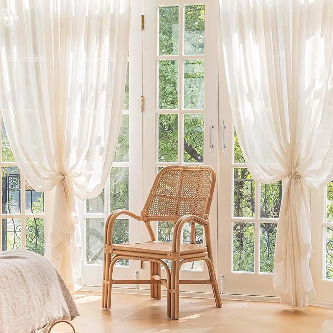 FMFUNCTEX Linen Sheer Pinch Pleated Curtains for Living Room, Linen Flax Beige 84 Inches Long Sheer Curtain See Through Panels for Bedroom, Natural Window Drapes for Farmhouse, Rod Pocket 2 Panels