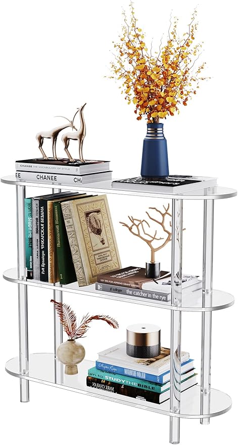 Clear Bookshelf, Acrylic Bookcase with Open Book Shelf Console Table for Entryway Office Living Room Bedroom (3 Tier Clear)