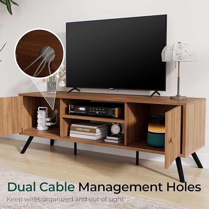 COMHOMA TV Stand for Living Room, Mid Century Modern Entertainment Center for 55/60/65 Inch TVs, Retro Brown TV Console with Fluted Door Cabinets and Open Adjustable Shelve Storage for Bedroom