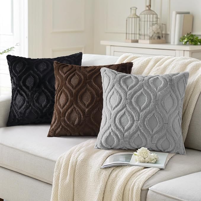 decorUhome Fall Throw Pillow Covers 16x16 Inch Set of 2, Soft Plush Decorative Faux Fur Grey Solid Couch Pillow Covers, Accent Farmhouse Neutral Square Euro Pillow Cases for Sofa Bed Living Room