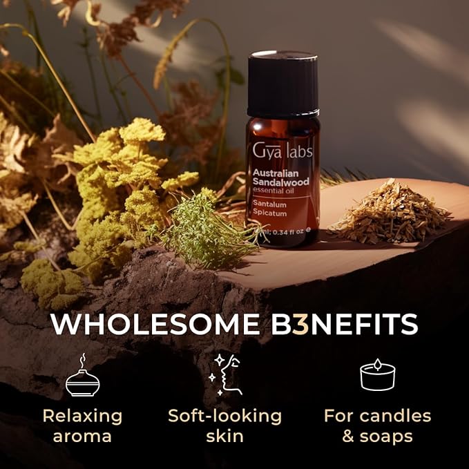 Gya Labs Australian Sandalwood Essential Oil for Skin & Hair - 0.34 Fl Oz - 100% Pure Natural Australian Sandalwood Oil for Diffuser, Aromatherapy Use & Candle Making Scent
