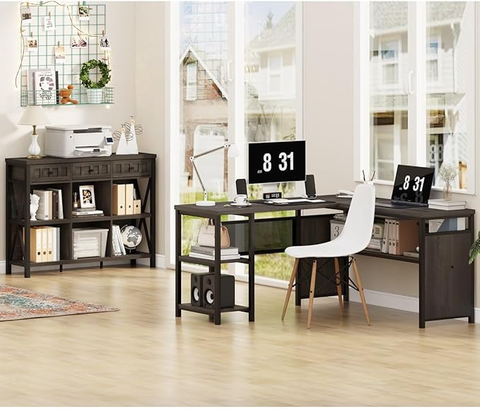 FATORRI Rustic 6 Cube Storage Organizer Bookshelf with 3 Drawers, Short Low Horizontal Bookshelf for Living Room, Industrial Wood and Metal Cubby Bookcase for Home Office (Walnut Brown, 47 Inch)