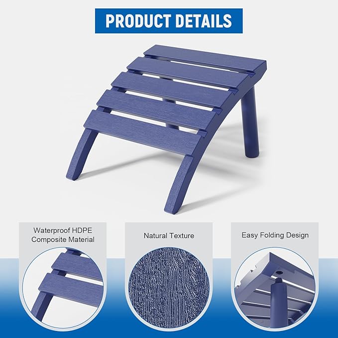 Adirondack Ottoman, HDPE Plastic Adirondack Footstool, All Weather Foot Rest for Adirondack Chair, Outdoor Footrest for Patio,Backyard, Lawn, Fire Pits, Navy Blue