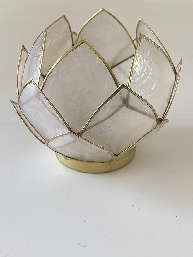 Blooming Lotus Capiz Shell Tealight Candle Holder, Handcrafted Decorative Tea Light Candleholder with Translucent Flower Petals for Ambient Illumination and Natural Elegance, Natural