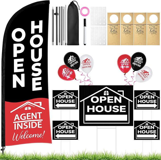 44 Pcs Open House Signs for Real Estate, Double Sided Open House Flag Kit, 7.6 x 5.4 Ft Black Banner Flag Poles Set for Outside, Directional Arrows Sign Stakes Balloons for Open House Supplies