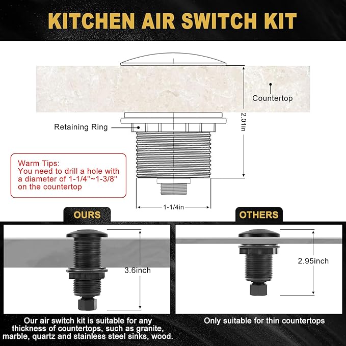 Garbage Disposal Air Switch Kit, Garbage Disposal Button, Sink Top Waste Disposer On/Off Switch, Matte Black (Stainless Steel Cover), UL Listed Air Switch Compatible with All Garbage Disposals