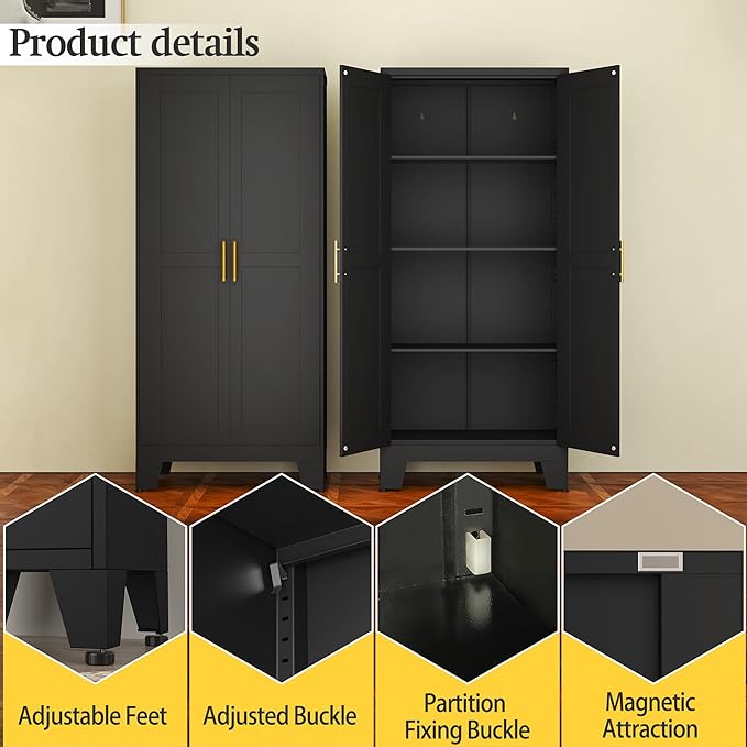Black Metal Storage Cabinet, 61" Steel Cabinets for Home Office, Kitchen Pantry Storage Cabinet with Doors and 3 Adjustable Shelves, Metal Tool Cabinet, for Office, Home, Garage, School