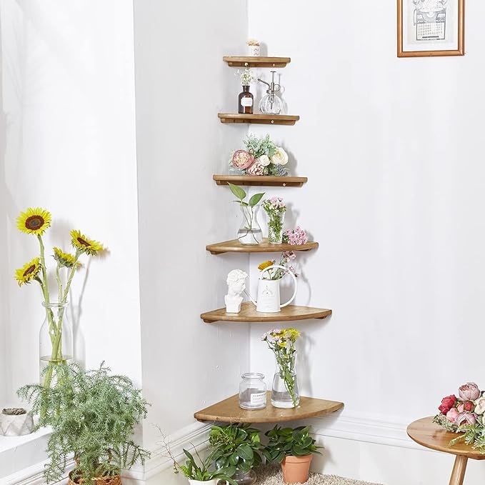 Corner Shelves, Floating Corner Shelf, Set of 3 Solid Oak Wood Corner Wall Shelves, Round End with Wire Hole Shelving for Small Plant for Bedroom Kitchen, Living Room (Size 9/10/12in)