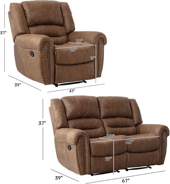 CANMOV Manual Reclining Sofa Set,Faux Leather Manual Recliner Loveseat and Recliner Chair with Overstuffed Armrest for Living Room,Bedroom Furniture,Office,Nut Brown