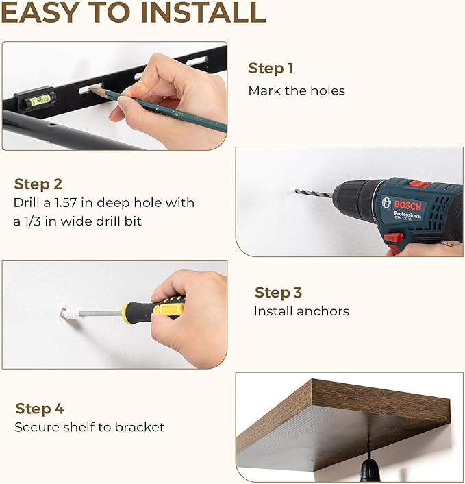 Dreamland 40 Inches Floating Shelves for Wall, 9.3" Deep Long Floating Shelves Set of 2, Large Display & Storage Shelf, Wall Shelf for Bathroom Bedroom Living Room Kitchen Office, Rustic Brown