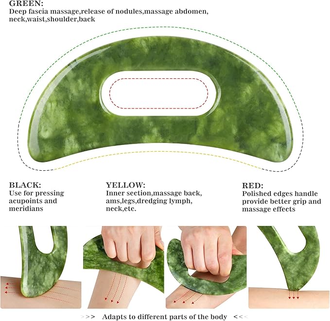 2 in 1 Jade Stone Gua Sha Massage Tool, Large Guasha Muscle Scraper Tools Set with Handle Muscle Scraping Massage Tools Anti Cellulite Spa Acupuncture Tools for Back Neck Leg Lymphatic Drainage