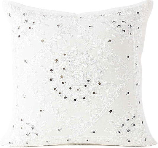 Eyes of India Embroidered Decorative Boho Throw Pillow Cover with Mirrors, Handmade Bohemian Accent Cushion Case for Sofa Couch Bedroom Living Room (White, 24" x 24")