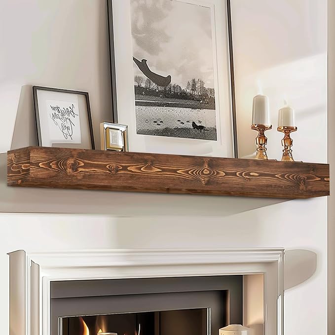 60x8x5 Fireplace Mantel - Handcrafted Hollow Rustic Solid Wood Wall Mounted Floating Shelf with Invisible Heavy Duty Wood Bracket (Weathered Brown)