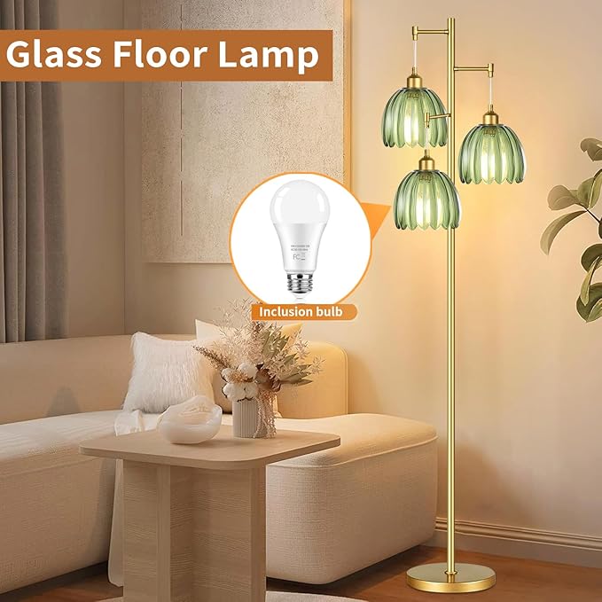 Gold Floor Lamp for Living Room,Bedroom,Mid Century Modern Standing Lamp Brass Tree 3 Light Tall Floor Lamps Vintage Retro Floor Lights Glass Green Flower Lamp Shade Farmhouse Boho Bohemian