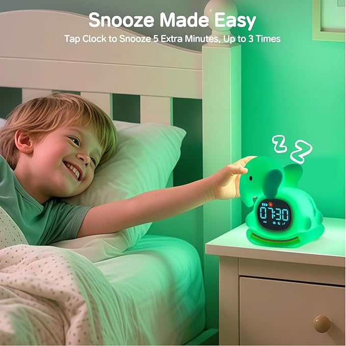 Alarm Clock for Kids with Night Light, Sleep Training Clock Time to Wake Clock, Rechargeable Silicone Light for Bedroom, Perfect Sleep Companion for Boys Girls, Green Elephant