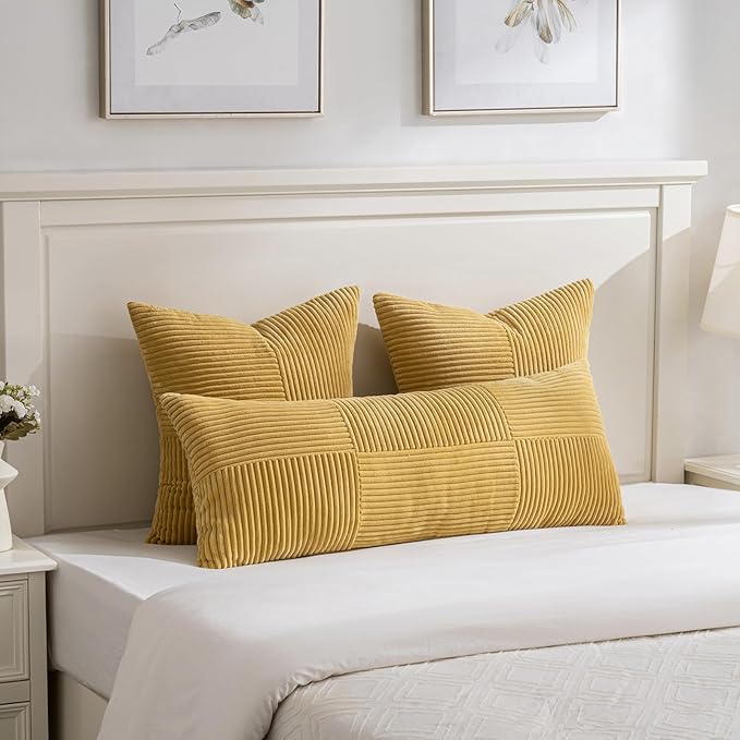 Fancy Homi Set of 2 Mustard Yellow Boho Long Lumbar Body Decorative Throw Pillow Cover 14x36 Inch for Bed Couch Bedroom Bench, Soft Patchwork Corduroy Pillow Case, Rustic Farmhouse Room Décor
