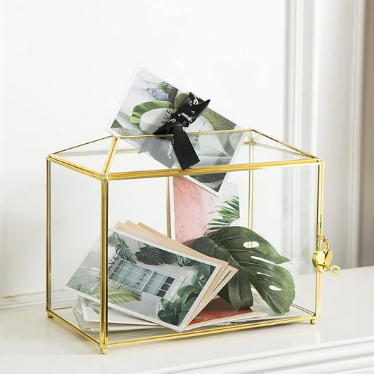 Glass Wedding Card Box with Slot, Large Clear Card Box 10.2 inch Gold Brass Gift Card Storage Box with Lock for Wedding Receptions, Baby Shower, Birthday Party, Bridal Shower