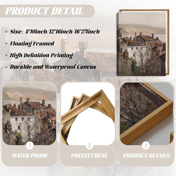 Floating Framed Vintage Canvas Wall Art, European Country Towns Wall Decor Oil Paintings Artwork, Rustic Farmhouse Posters Prints Pictures for Living Room Hallway Bedroom 8x10 inch