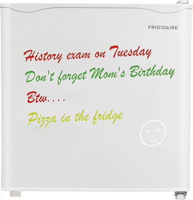 FRIGIDAIRE EFR107-WHITE, Mini Fridge for Dorm with White Board & Small Ice Freezer 1.6 Cu Ft Compact Refrigerator, White