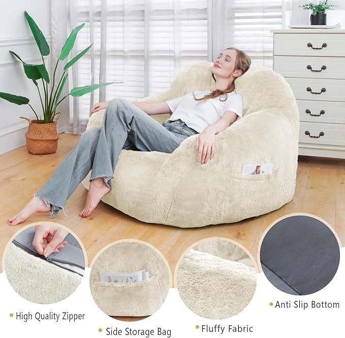 Giant Bean Bag Chair, Oversized Bean Bag Chairs for Adults and Kids, Gaming Chair Stuffed Memory Foam | Storage | Non-Slip, Removable Bean Bag Sofa Comfy Chair for Bedroom, Livingroom (Beige)