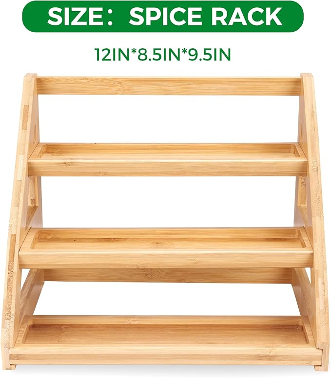 3-Tier Natural Bamboo Spice Rack Organizer - for Kitchen Cabinets, Countertops & Pantries - Space-Saving Tiered Shelf