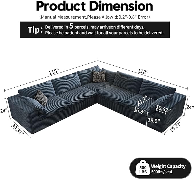 118" Cloud Couch Oversized Modular Sectional Sofa for Living Room,Modern Sofa with Deep Seat，V Shaped Boneless Couch,Comfy Upholstered Corduroy Couches for Apartment, Studio, Office,Bedroom，Blue