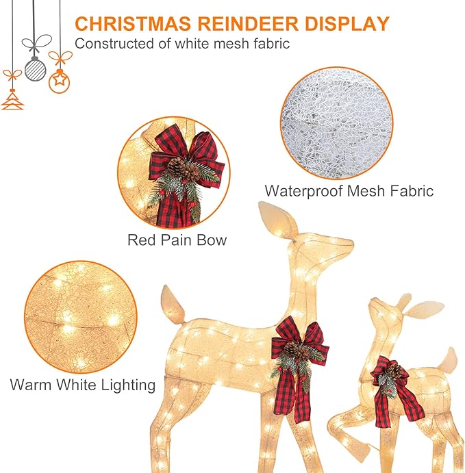 2 Pcs Reindeer Christmas Decoration, Xmas Lighted White Shimmering Doe and Fawn Display Set with 105 Warm White Lights for Yard Lawn Indoor Outdoor